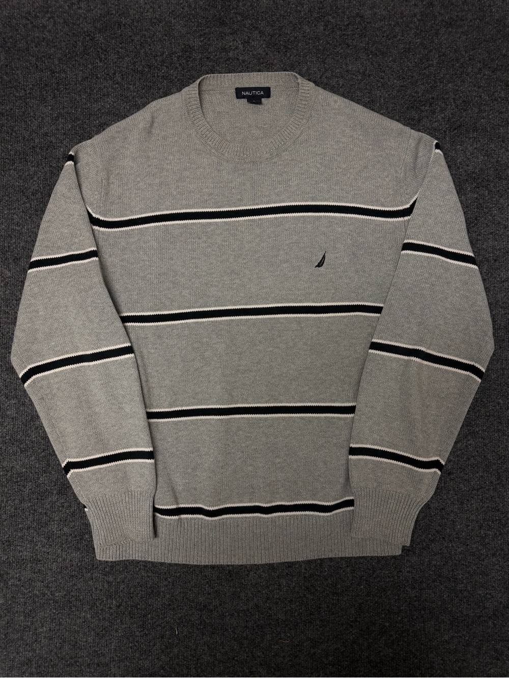 Nautica Light Gray Crewneck Sweater with‎ Black Stripes